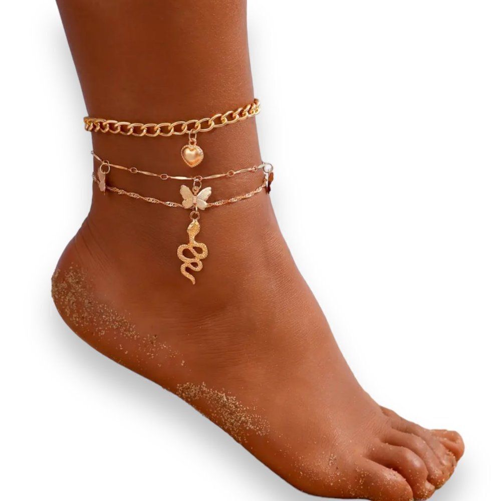 Gold Charming Butterfly Hearts Snakes Bangle Bracelet Anklet Set 3 pcs NEW